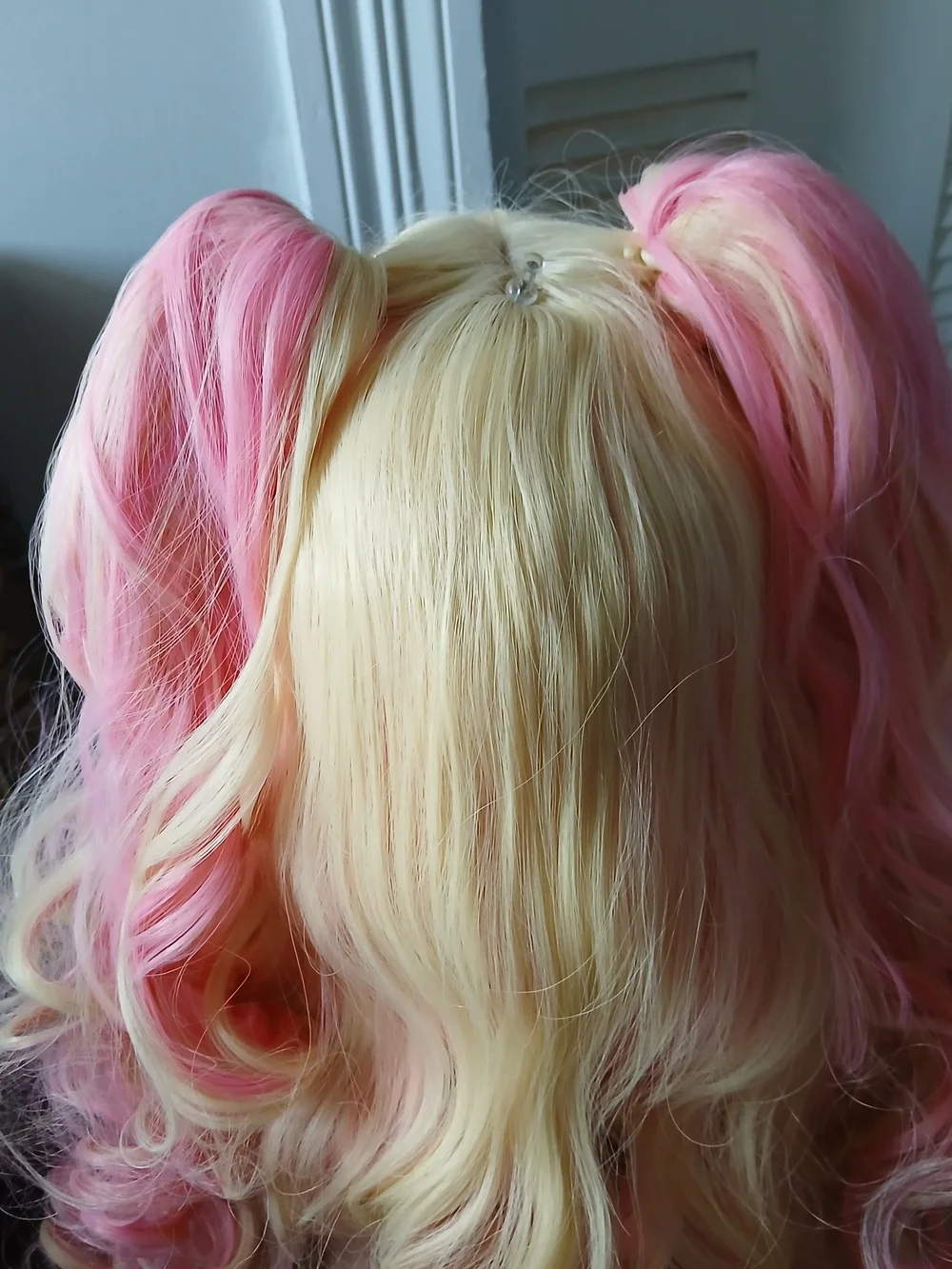 Blonde & Pink Curly Synthetic Ponytail Wig for Women